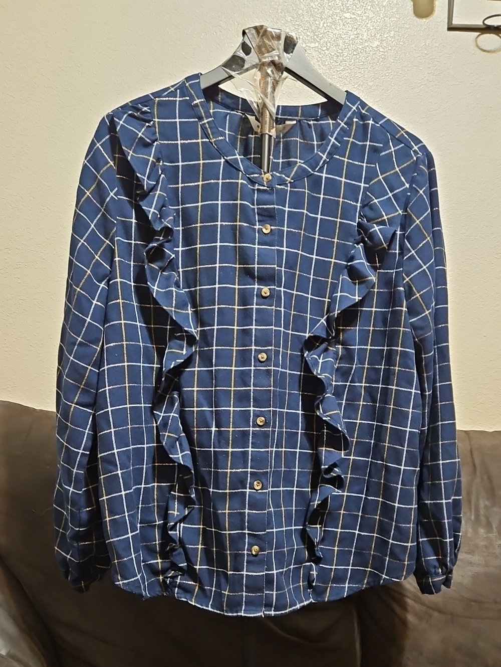 Sonoma Navy Blue Windowpane Ruffle Button-Up Blouse With Gold And Silver Accents